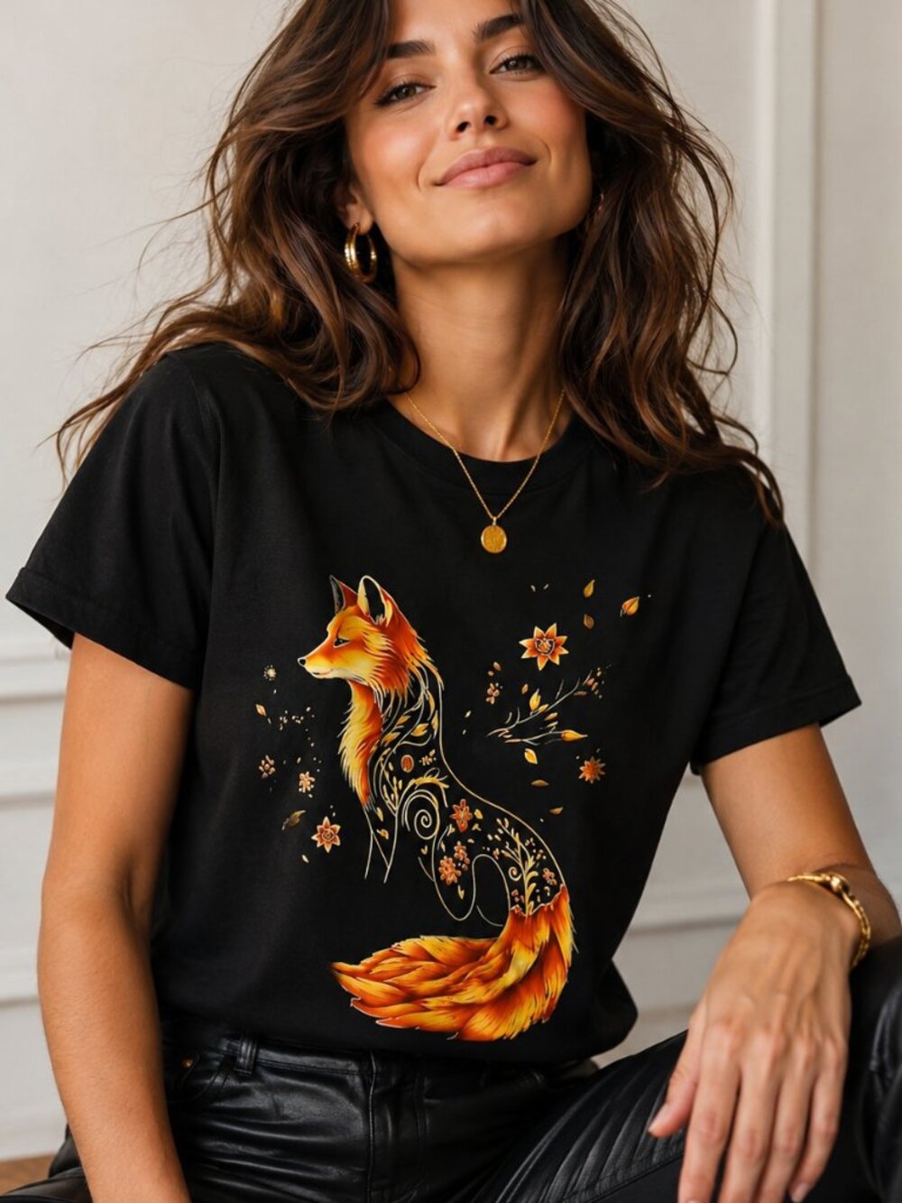 Woodland Fox Graphic T-Shirt Black 100% Cotton Nature Boho Art Tee Size L NWT